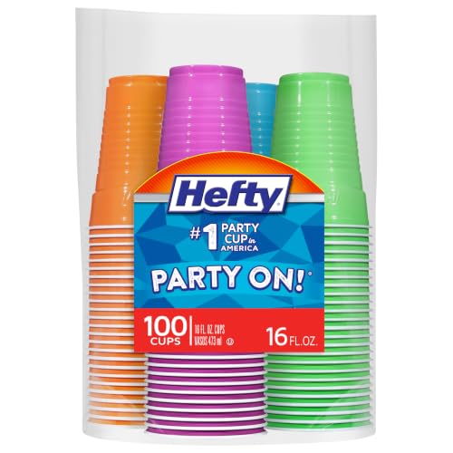 Hefty Party On Disposable Plastic Cups, Assorted, 16 Ounce, 100 Count | Bulk Pack, Disposable Plastic Cups for Parties, 4 Fun Colors, Easy-to-Grip Design, Ideal for Large Tailgates, BBQs, Birthdays