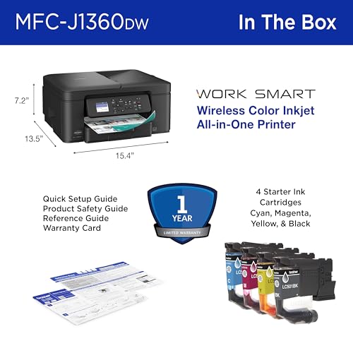 Brother Work Smart 1360 Wireless Color Inkjet All-in-One Print, Scan, Copy | Best-for-home, duplex printing, auto document feeder, mobile printing, 1.8” display, works with Alexa