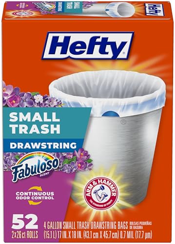 Hefty 4 Gallon Small Trash Bags, White, Fabuloso Lavender Scent, 52ct | Drawstring Closure, 4G Small White Trash Bags for Bathrooms, Dorm Rooms, Home Offices, Scented, Continuous Odor Control