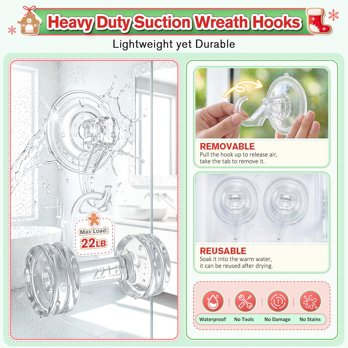 VIS'V Suction Wreath Hanger, Heavy Duty, 22 LB, Large, Clear, 2 Pcs | Removable and Reusable, Clear Invisible Design, Locking Suction Technology, Dual Vacuum Suction, Fit for Smooth Flat Surfaces