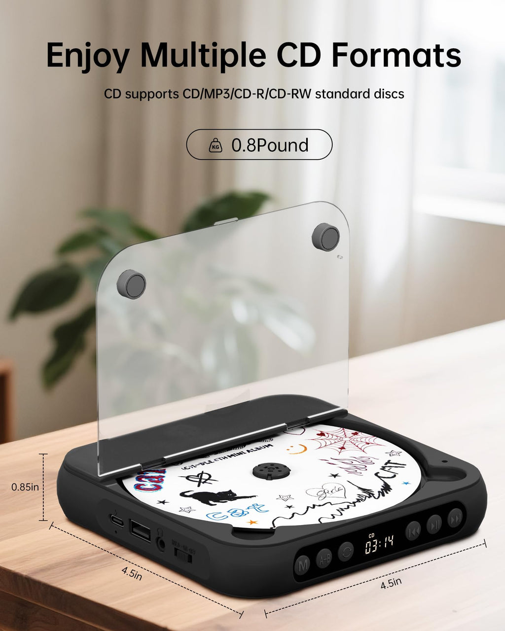 ENVYCLOUD CD Player Portable with Dual Stereo Speakers, Rechargeable Portable CD Player with Bluetooth for Home with Headphones,Black