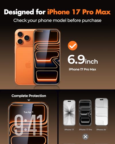 UNBREAKcable 3-Pack Screen Protector for iPhone 17 Pro Max Tempered Glass | Shatterproof, Easy Install, 9H Hardness, 99.99% HD Clear, Bubble-Free, Anti-Fingerprint, Scratch Resistant, Case Friendly