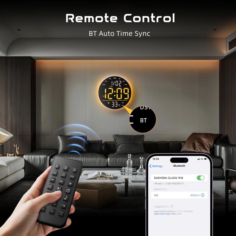 360° RGB LED Digital Wall Clock with Music Sync | 10" Large Anti-Glare Display, Bluetooth Auto Time, Remote Control, Auto Dimming & 15 Color Modes (USB Powered)