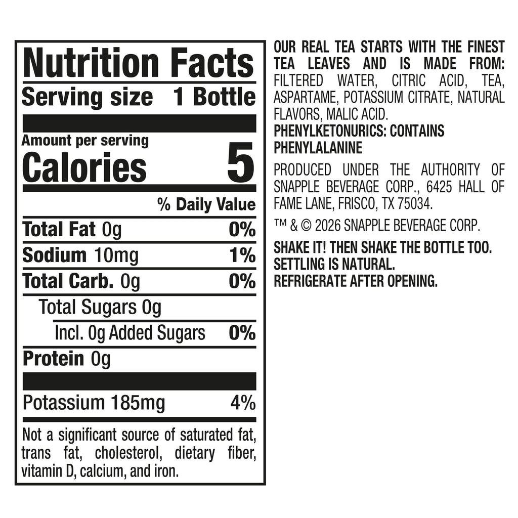 Snapple Zero Sugar Peach Tea, 16 fl oz recycled plastic bottle (Pack of 12)