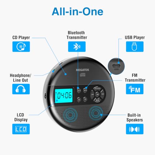 MEGATEK Portable CD Player with Bluetooth RX/TX, FM Transmitter & USB