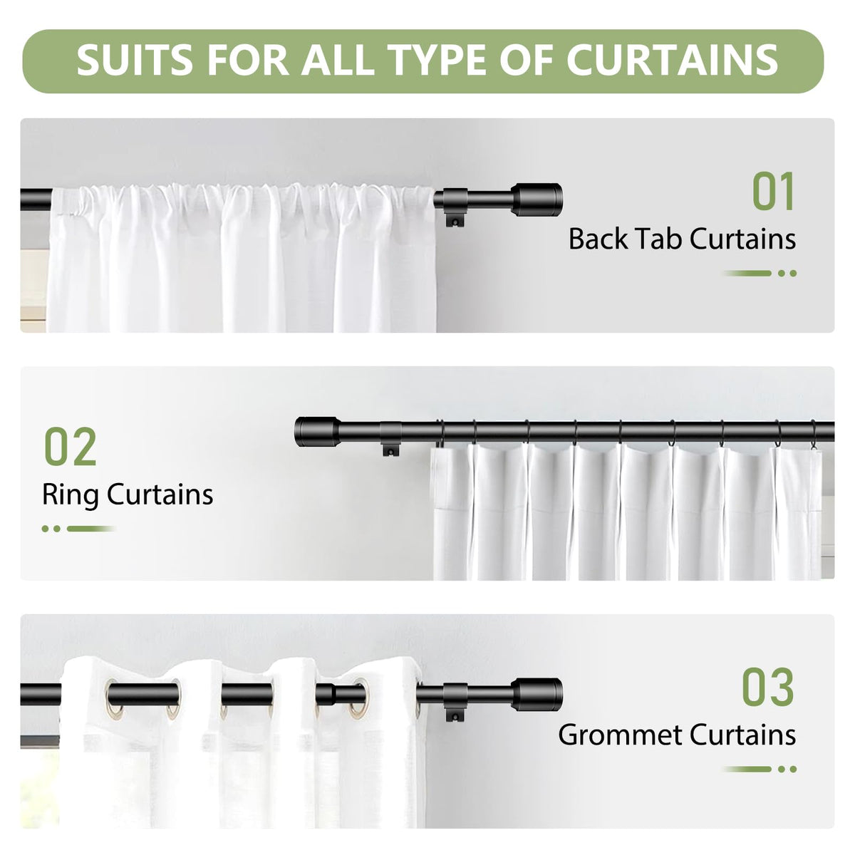 Curtain Rods 30-90 Inch, Adjustable Black Curtain Rods for Windows 1 Pack