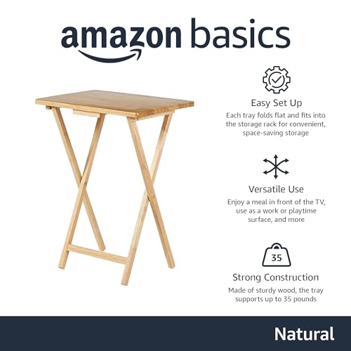 Amazon Basics Classic Foldable TV Dinner Tray Table with Storage Rack, 14.6 L x 19 W x 26 H inch, Natutral, 4-Pack