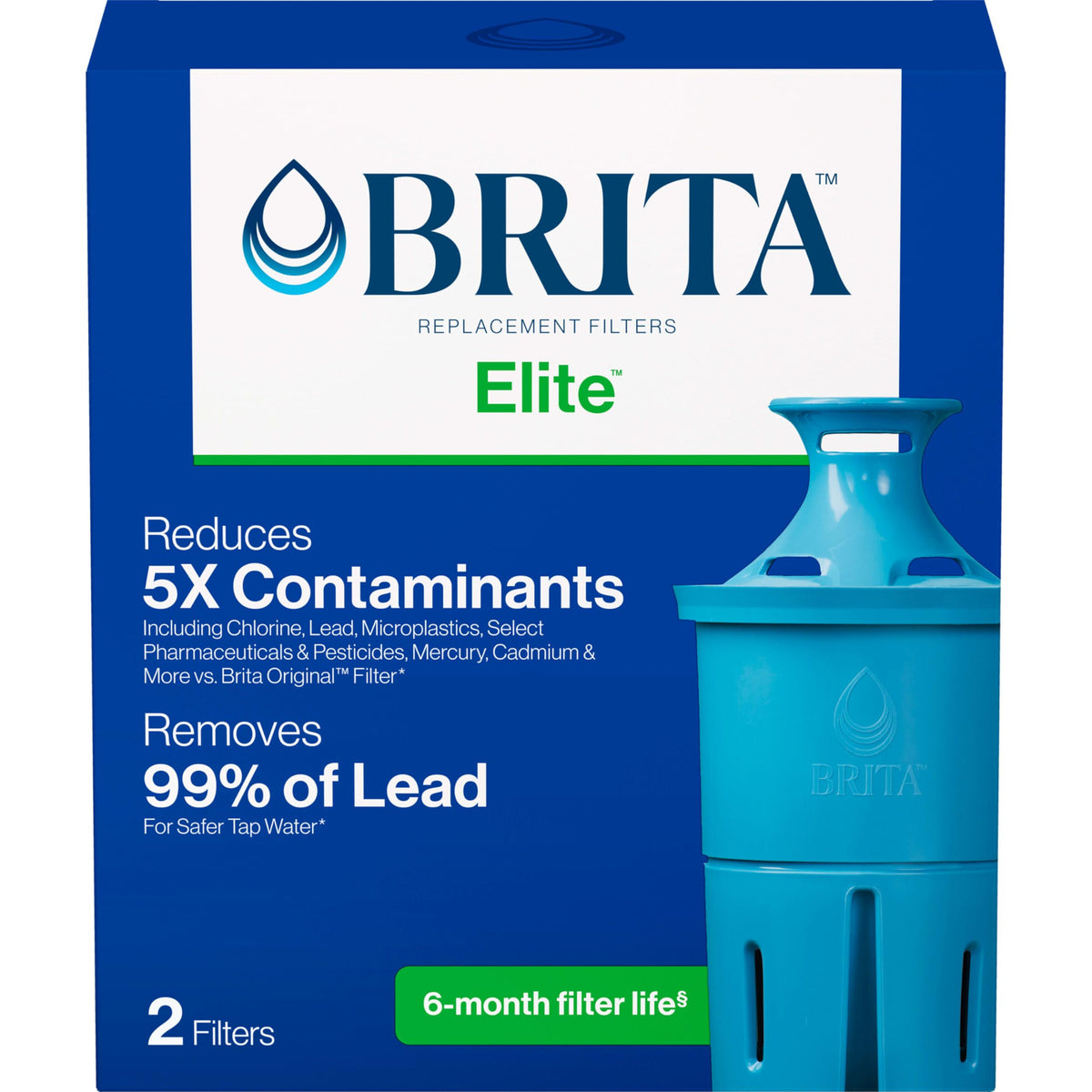 Brita Elite Replacement Water Filter, 2 Pack | WQA and NSF/ANSI Certified, Reduces Chlorine, Copper, Mercury & Cadmium, Lasts 2 Months, Household Essential