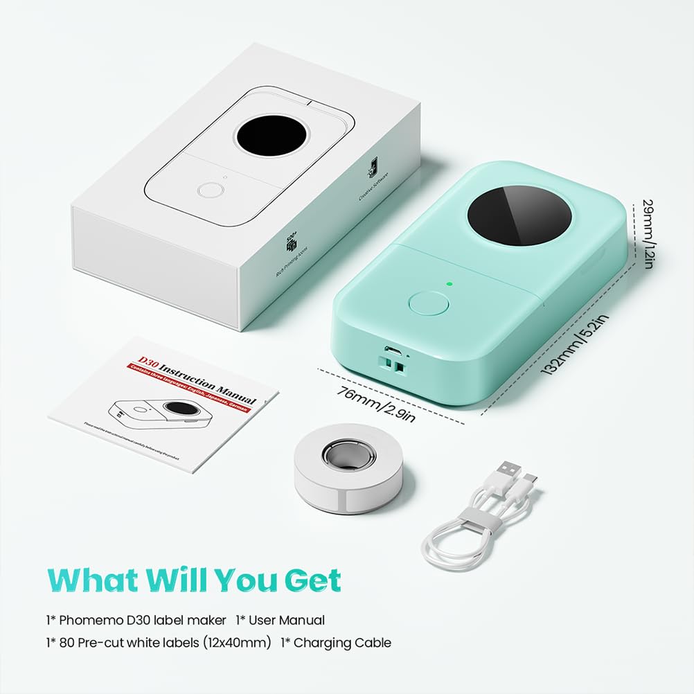 Phomemo D30 Label Maker Machine with Tape, Bluetooth Mini Label Printer | Inkless Thermal Printing, Rechargeable Portable Labeler, Massive Templates Fonts, Waterproof Labels for Home, School, Office