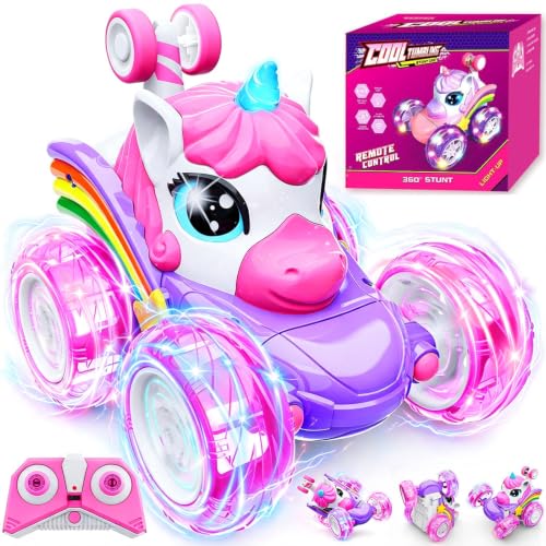 Unicorn Remote Control Car Toys for Girl, Unicorn Toy for Toddlers Ages 3+ | Pink RC Stunt Cars 4WD 360° Rotating 2.4GHz Toy Car with LED Lights, Birthday Gift for 3 4 5 6 7 8 9 Year Old Girls