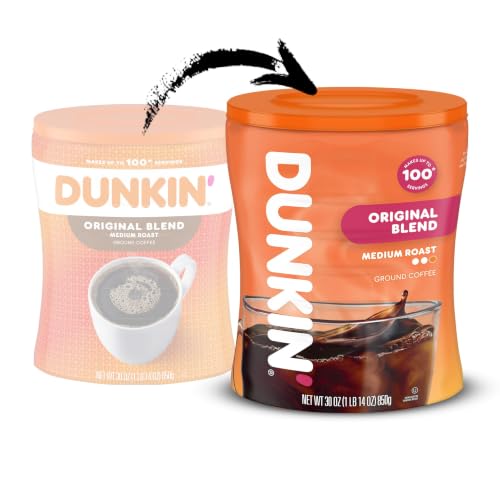 Dunkin’ Original Blend Medium Roast Ground Coffee, 30 Oz. Canister | Made with Arabica beans, rich & smooth flavor, stay-fresh coffee canister, easy-drinking medium roast, great hot or iced