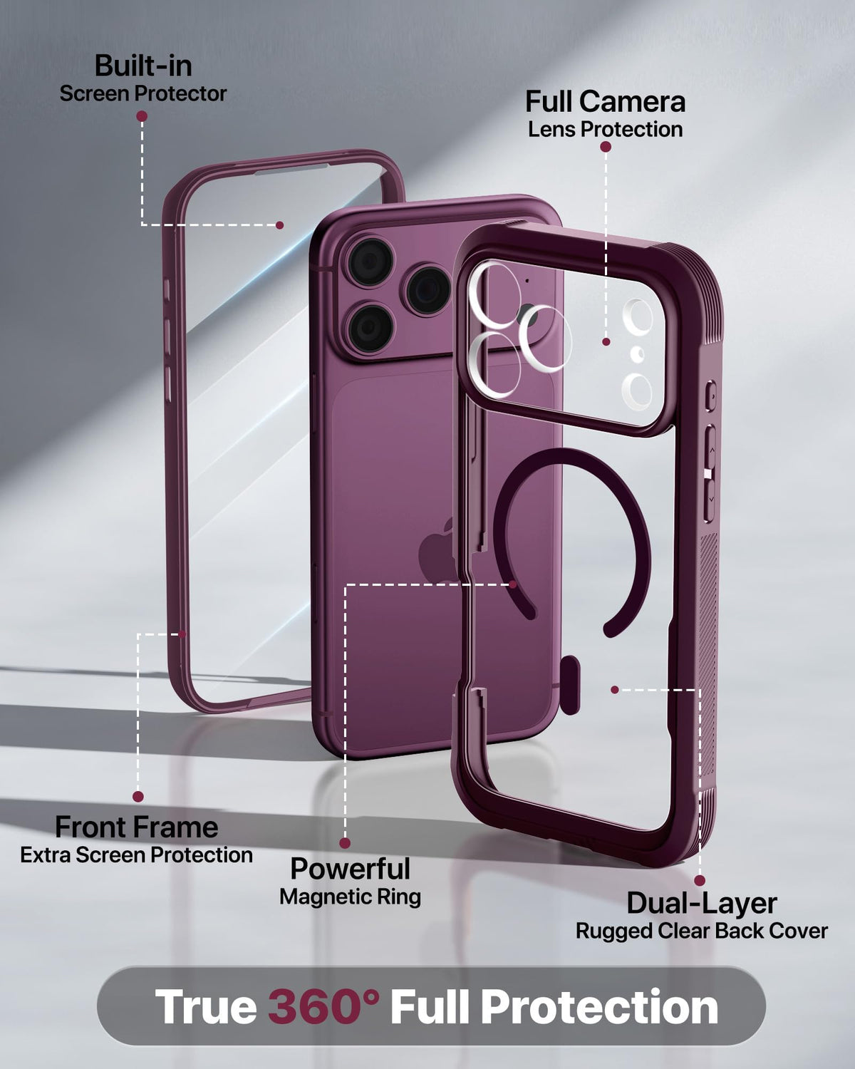 Diaclara Magnetic for iPhone 18 Pro Case with Screen Protector, Burgundy | Fit for MagSafe, Built‑in Anti‑Scratch Touch‑Sensitive Screen Protector, 360° Dual‑Layer Rugged, Mil‑Grade Drop Protection