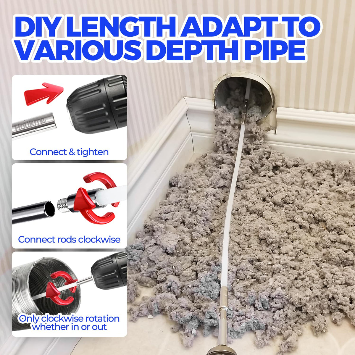 Holikme Dryer Vent Cleaner Kit - 30Ft Fireplace Chimney Brushes Flexible | Dryer Vent Cleaner Brush with Drill Attachment, Removes Years of Lint Buildup, Improves Airflow, Faster Drying & Fire Safety