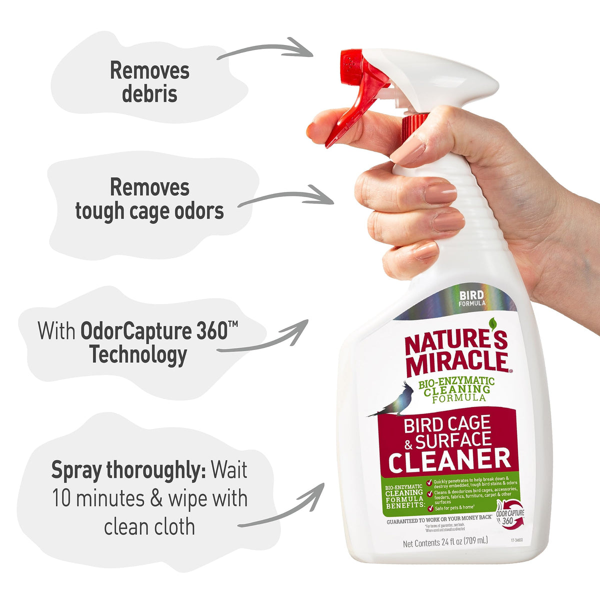 Nature's Miracle Bird Cage & Surface Cleaner, 24 oz | Bio-Enzymatic Formula Helps Break Down Tough Stains & Odors, Cleans & Deodorizes Cages & Accessories, Safe For Pets and Home*