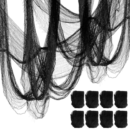 8 Pack Halloween Black Gauze Wall Decor,Outdoor Halloween Fake Spider Web Decorations Webbing,Cobwebs Mesh Spooky Fabric,30X72 in Black Cheesecloth for Haunted House Indoor Creepy Cloth (8, Black)