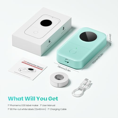 Phomemo D30 Label Maker Machine with Tape, Bluetooth Mini Label Printer | Inkless Thermal Printing, Rechargeable Portable Labeler, Massive Templates Fonts, Waterproof Labels for Home, School, Office