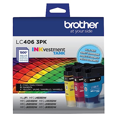 Brother Genuine LC406 Ink Cartridges for INKvestment Tank Printers | 3-pack cyan, magenta and yellow Brother printer ink LC406 ink cartridges for select INKvestment Tank printers