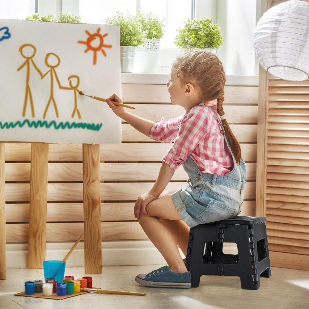 ACSTEP Folding Step Stool 9 Inch, Non-Slip Foldable Stools for Kids, Black | Heavy Duty Collapsible Foot Stool, Lightweight, Holds 300 lb for Toddler/Adults Kitchen Bathroom Bedroom Outdoor, with Handle