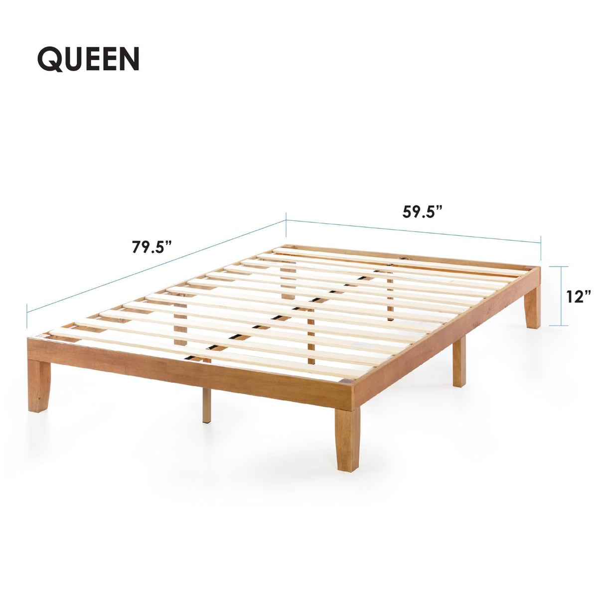 Mellow Naturalista Classic - 12 Inch Solid Wood Platform Bed with Wooden Slats, No Box Spring Needed, Easy Assembly, Queen, Pine