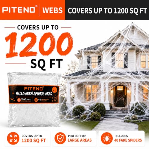 Piteno® 1200 sqft Spider Webs Halloween Decorations with 40 Fake Spiders, Stretchable Halloween Spider Webs for Indoor Outdoor Haunted House Yard Porch Party Decor (White)