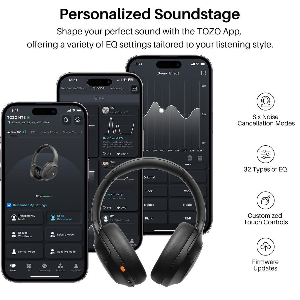 TOZO HT3 Hybrid Noise Cancelling Wireless Headphones, 90H Over Ear Headset | Hi Res Audio, AI Voice Assistant, Dual Device Connection, 32 Custom EQs, Built In 5 Mics, ANC, Foldable, Bluetooth 6.0 Black
