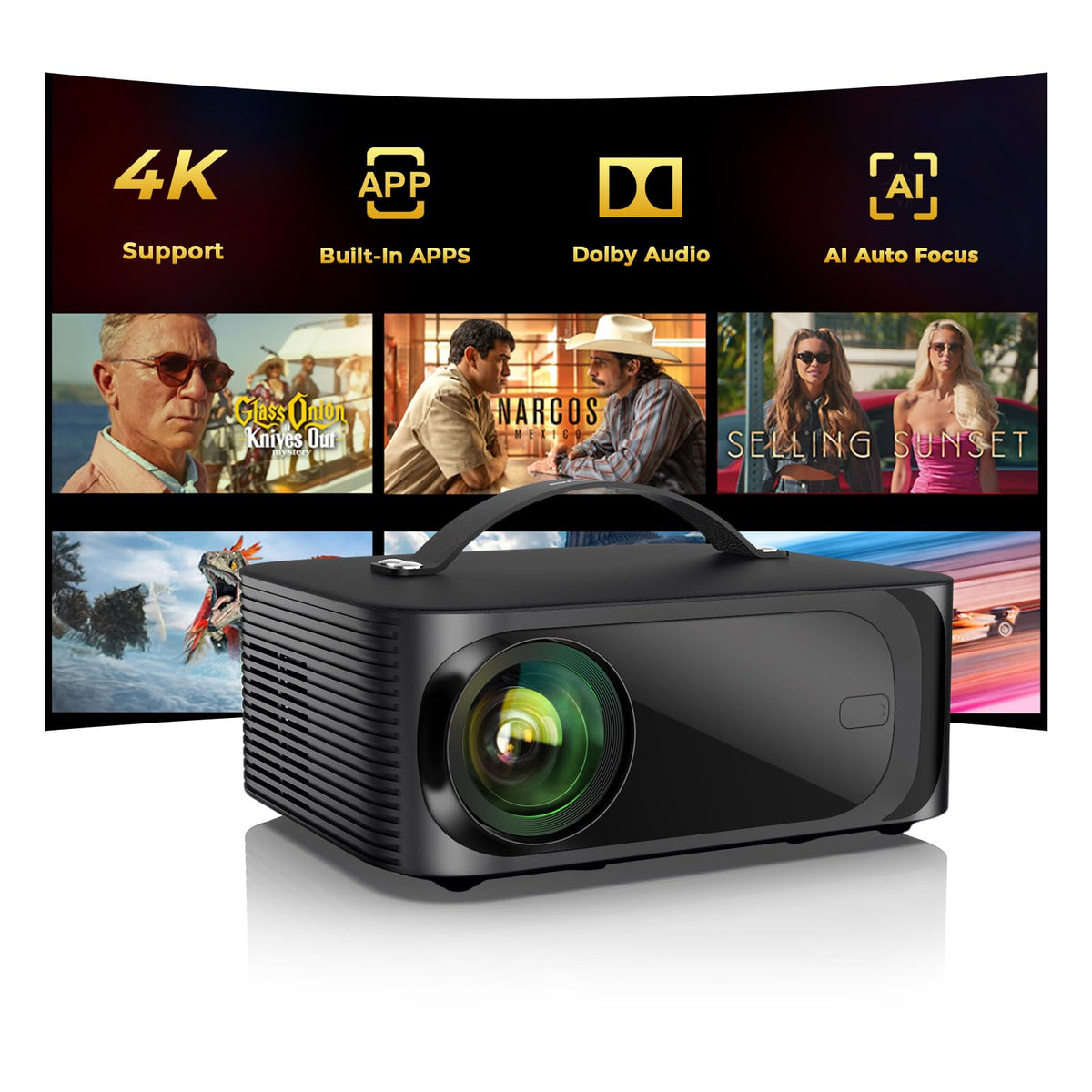 ONOAYO Outdoor-Projector-4K with AI Auto Focus,50WDolby Audio,Built-in Apps | High Brightness, Smart OS 2.0, Movie Projector with WiFi Bluetooth, Portable Proyector for Bedroom/Ceiling/Camping