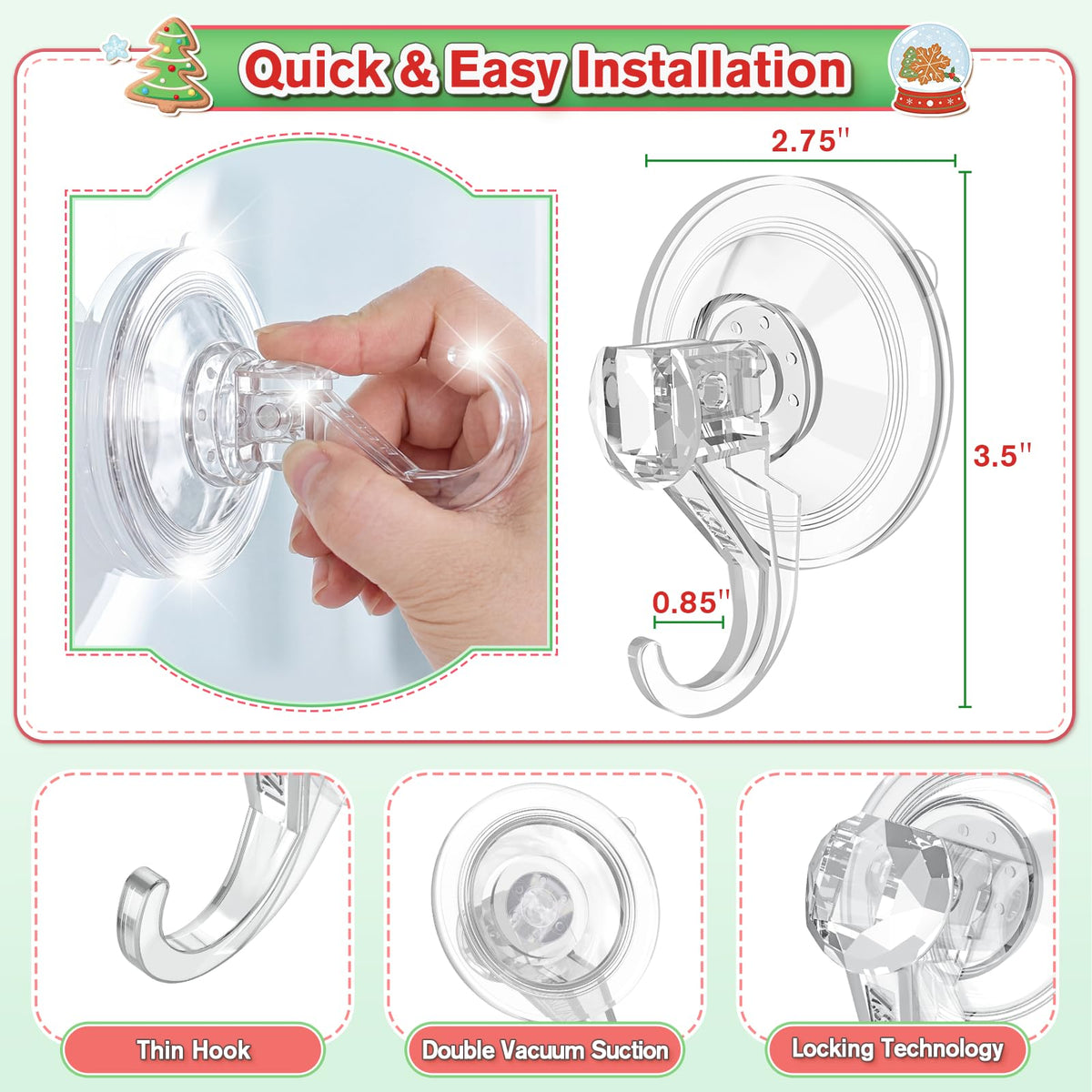 VIS'V Suction Wreath Hanger, Heavy Duty, 22 LB, Large, Clear, 2 Pcs | Removable and Reusable, Clear Invisible Design, Locking Suction Technology, Dual Vacuum Suction, Fit for Smooth Flat Surfaces