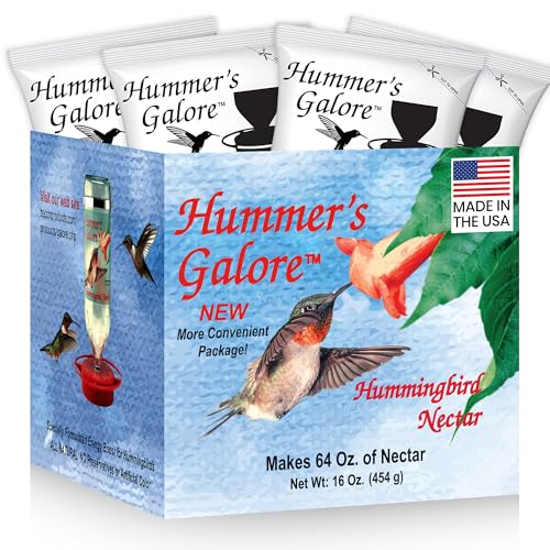Hummer's Galore Made in USA Hummingbird Food - Ready-to-Mix Hummingbird Nectar, All-Natural Nectar Collector Formula, No Preservatives or Dyes, Makes 64 Ounces (4 Packets Included)