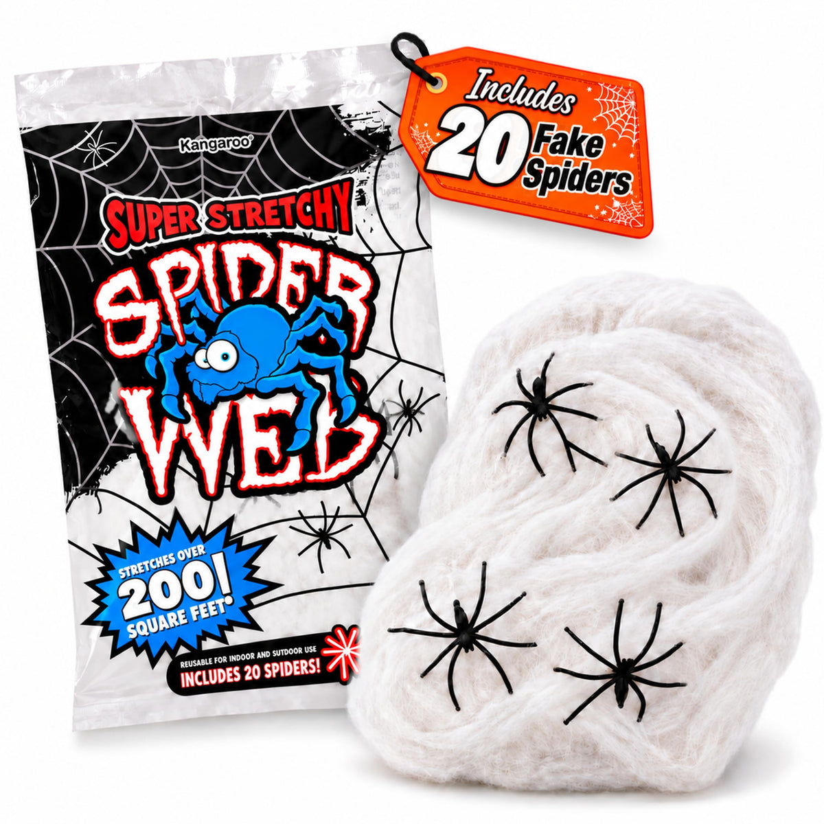 Kangaroo 200 sq. Ft Fake Spider Webs with 20 Fake Spiders for Decorations | Spiderweb Webbing Halloween Cobwebs Decor - Scary Halloween Decor Indoor Outdoor Party Wall, Graveyard Decoration Props