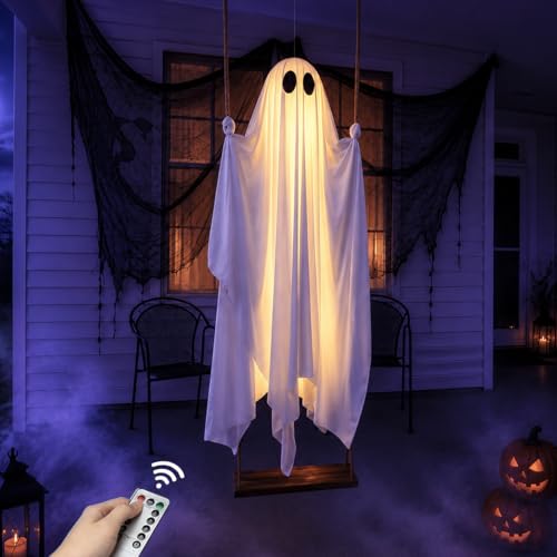 5FT Large Outdoor Halloween Decorations Swing Hanging Ghost for Porch, Yard | Ready to Hang Setup, Height-Adjustable Swing, Timer Remote Lights Strings, Draped Smooth Fabric, Porch Yard Lawn Tree Decor