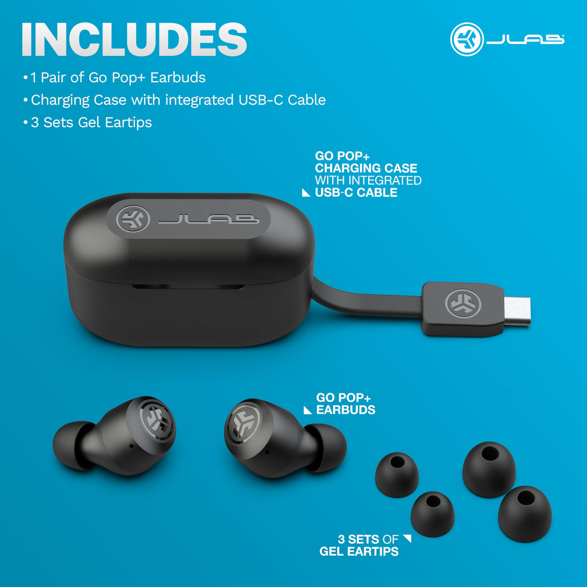 JLab Go Air Pop+ Earbuds, Dual Connect, EQ3 Sound, Black
