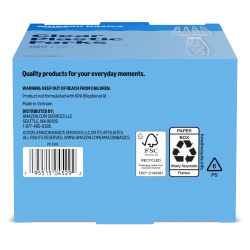 Amazon Basics Disposable Clear Plastic Forks, Premium Quality, 100 Count, Large Pack, Packaging May Vary