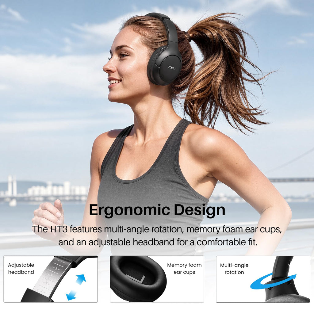 TOZO HT3 Hybrid Noise Cancelling Wireless Headphones, 90H Over Ear Headset | Hi Res Audio, AI Voice Assistant, Dual Device Connection, 32 Custom EQs, Built In 5 Mics, ANC, Foldable, Bluetooth 6.0 Black