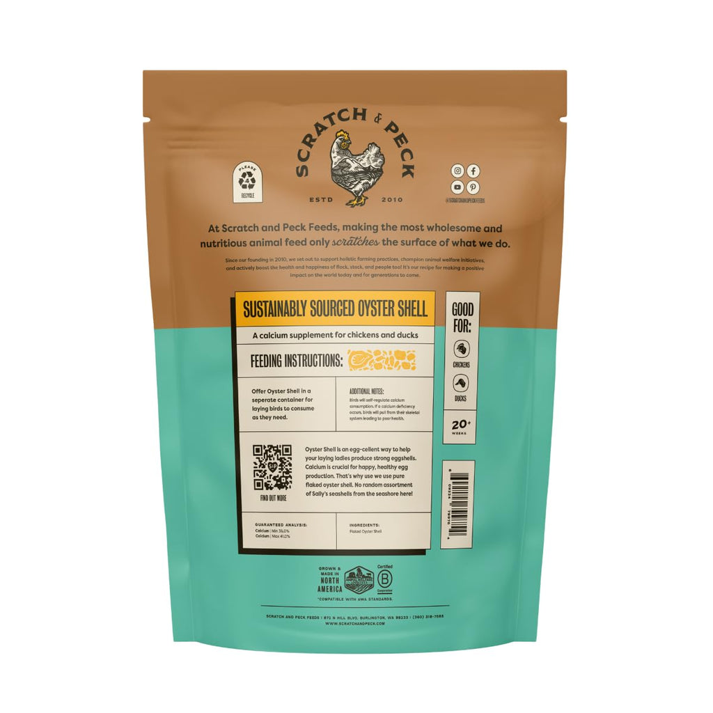 Scratch and Peck Feeds | Oyster Shell Chickens & Ducks | 4 lb Pouch | Essential Calcium Supplement for Eggshell Strength and Hen Health, All Natural, Sustainably Sourced