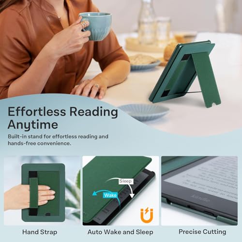 CoBak Stand Case for 7" Kindle Paperwhite & Kindle Colorsoft 12th Gen 2024 | Lightweight Stand with Right Hand Strap, Compatible with iPhone MagSafe and Other Wireless Charging Pads, Dark Green