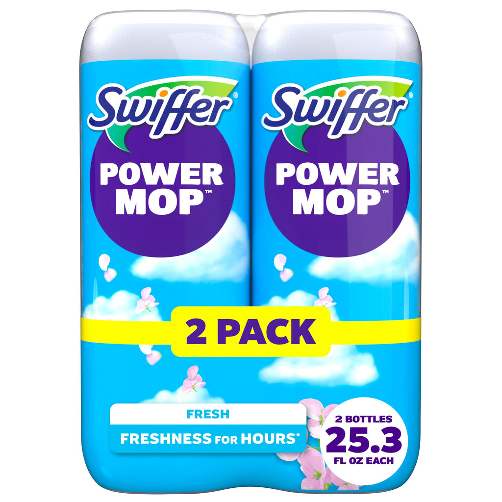 Swiffer PowerMop Liquid Floor Cleaner Refills, Solution for Power Mop, Fresh Scent, 2 Count Mopping Fluid Replacement Bottle, Spray Mops Cleaning Juice, No Bucket Needed, Multi-Surface and Wood