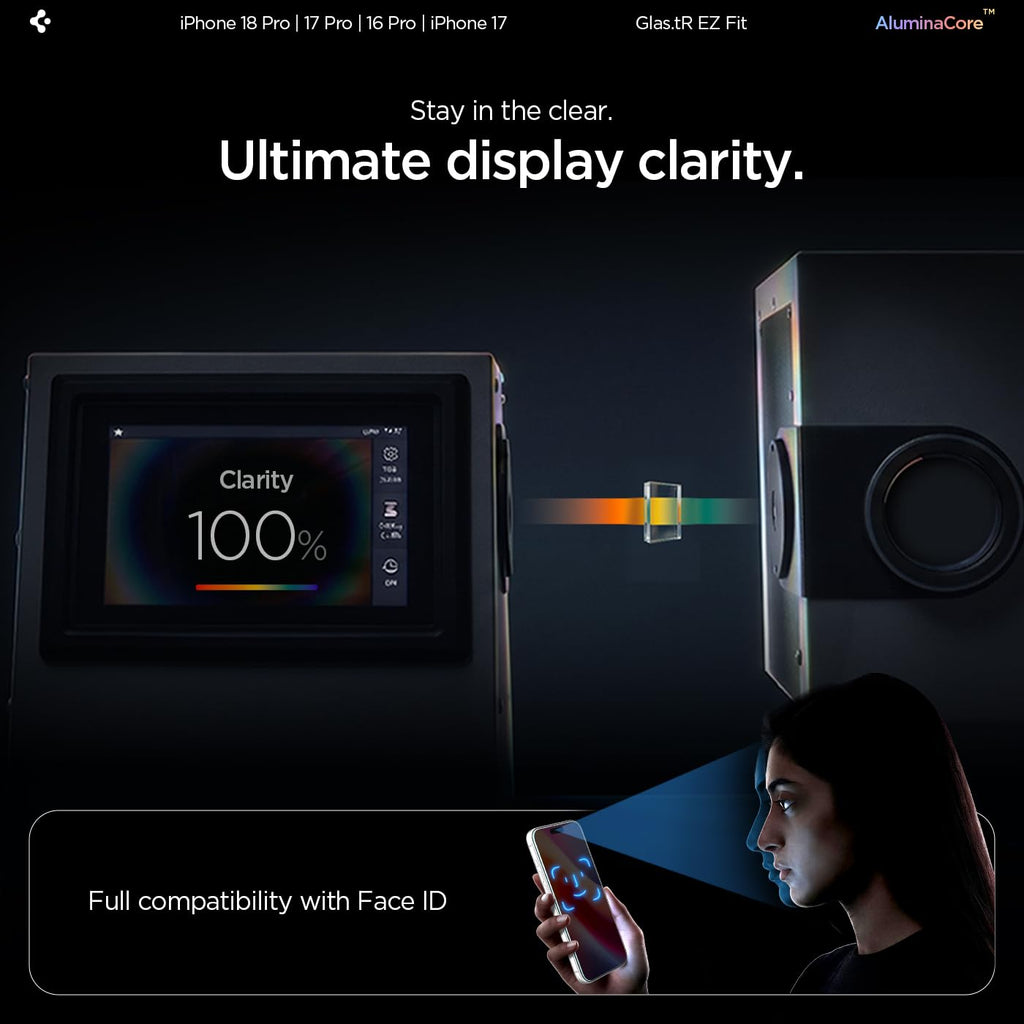 Spigen GlasTR EZ FIT Screen Protector for iPhone 18 Pro, 17 Pro, 17, 16 Pro | AluminaCore Aluminum-enhanced 9H+ tempered glass, Auto-align tray, 100% clarity, Original touch, Case-friendly, 2Pack