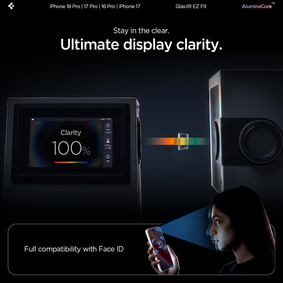 Spigen GlasTR EZ FIT Screen Protector for iPhone 18 Pro, 17 Pro, 17, 16 Pro | AluminaCore Aluminum-enhanced 9H+ tempered glass, Auto-align tray, 100% clarity, Original touch, Case-friendly, 2Pack
