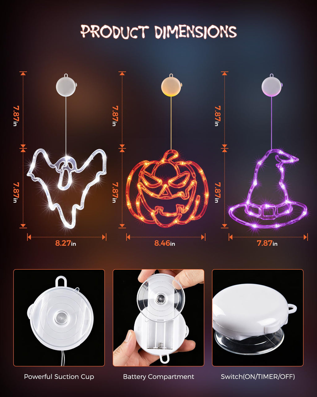 Minetom 3 Pack Halloween Windows Lights - Pumpkin, Ghost, Hat with Timer | Battery Operated Halloween Lights with Firm Suction Cup, Halloween Decorations for Windows, Doors, Balconies, Wardrobes