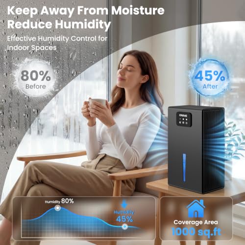 OWAAE Dehumidifier for Home with Auto Shutoff Sleep Mode, 1000 Sq Ft | Quiet for Bedroom Basement Bathroom with Portable 95oz Water Tank, Auto Shutoff, 7-color LED light, Grey