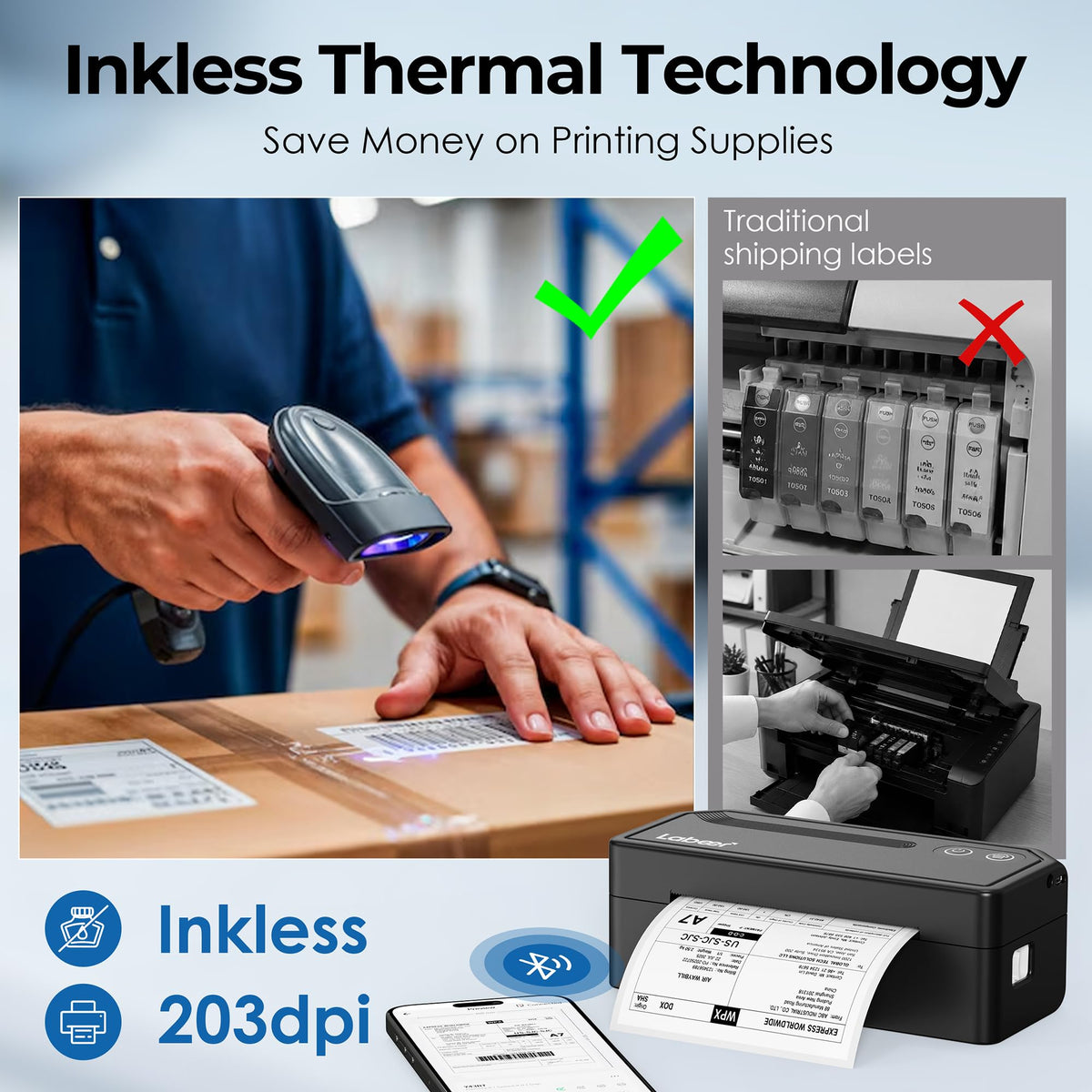 Labeer Bluetooth Thermal Shipping Label Printer, Wireless 4x6 Label Printer | For Small Business, Home, Office, Online Sellers, Warehouse & Shipping, Compatible with iPhone, Android, Windows & Mac