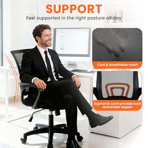 NEO CHAIR Office Computer Chair Ergonomic Mid-Back Mesh Desk Chair, Black | Breathable Mesh Back with Lumbar Support, Height Adjustment, Smooth Rolling Casters for Home Office, Study or Gaming Setup