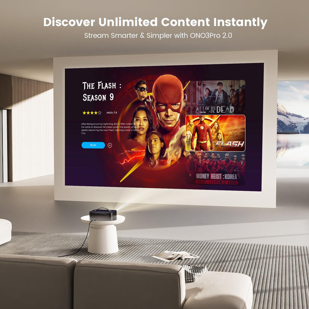 ONOAYO Outdoor-Projector-4K with AI Auto Focus,50WDolby Audio,Built-in Apps | High Brightness, Smart OS 2.0, Movie Projector with WiFi Bluetooth, Portable Proyector for Bedroom/Ceiling/Camping