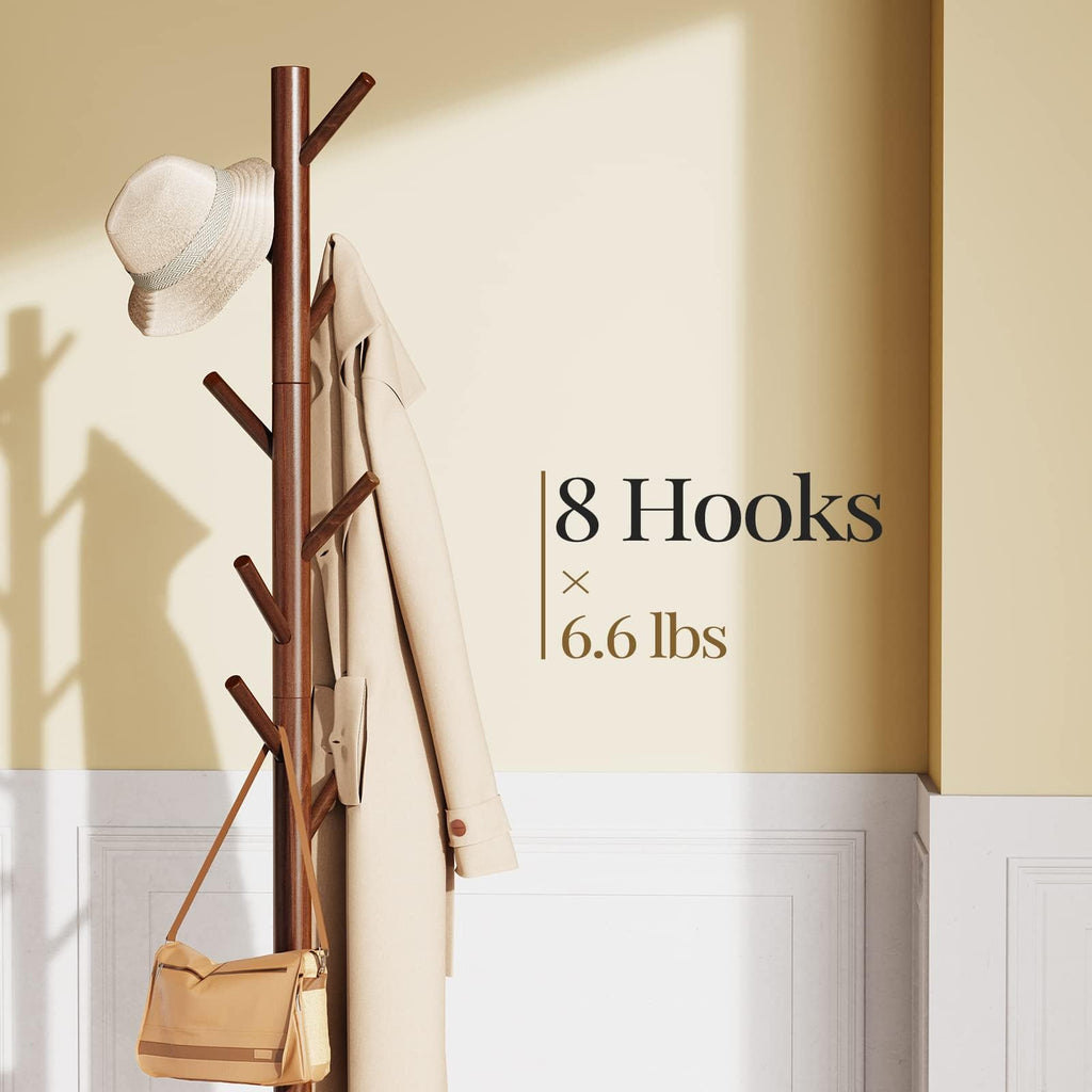 Pipishell Solid Wooden Coat Rack Freestanding with 8 Hooks, Brown | 3 Height Options, 100% Pine Wood, Tool-Free Assembly, Large Triangular Base, Smooth Rods & Hooks Prevent Clothing Snags