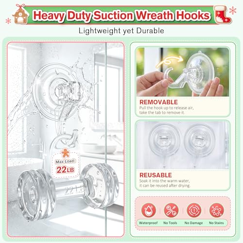 VIS'V Suction Wreath Hanger, Heavy Duty, 22 LB, Large, Clear, 2 Pcs | Removable and Reusable, Clear Invisible Design, Locking Suction Technology, Dual Vacuum Suction, Fit for Smooth Flat Surfaces