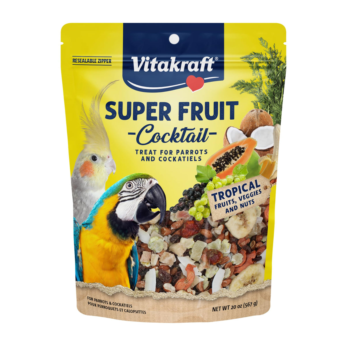 Vitakraft Super Fruit Cocktail Parrot and Cockatiel Treat 20 oz. | Real Dried Fruit, Wholesome Seed Blend, Natural Foraging Mix, Resealable Bag, 20 oz Pack