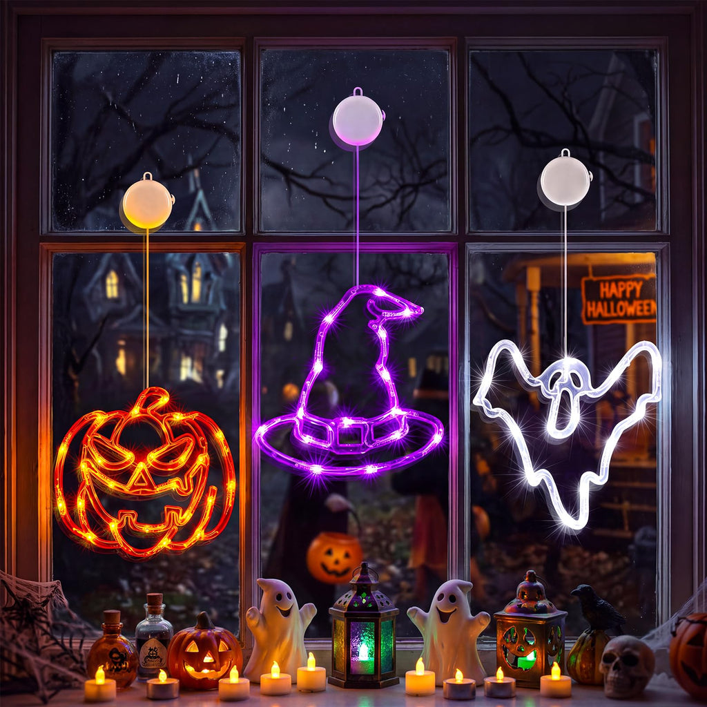 Minetom 3 Pack Halloween Windows Lights - Pumpkin, Ghost, Hat with Timer | Battery Operated Halloween Lights with Firm Suction Cup, Halloween Decorations for Windows, Doors, Balconies, Wardrobes