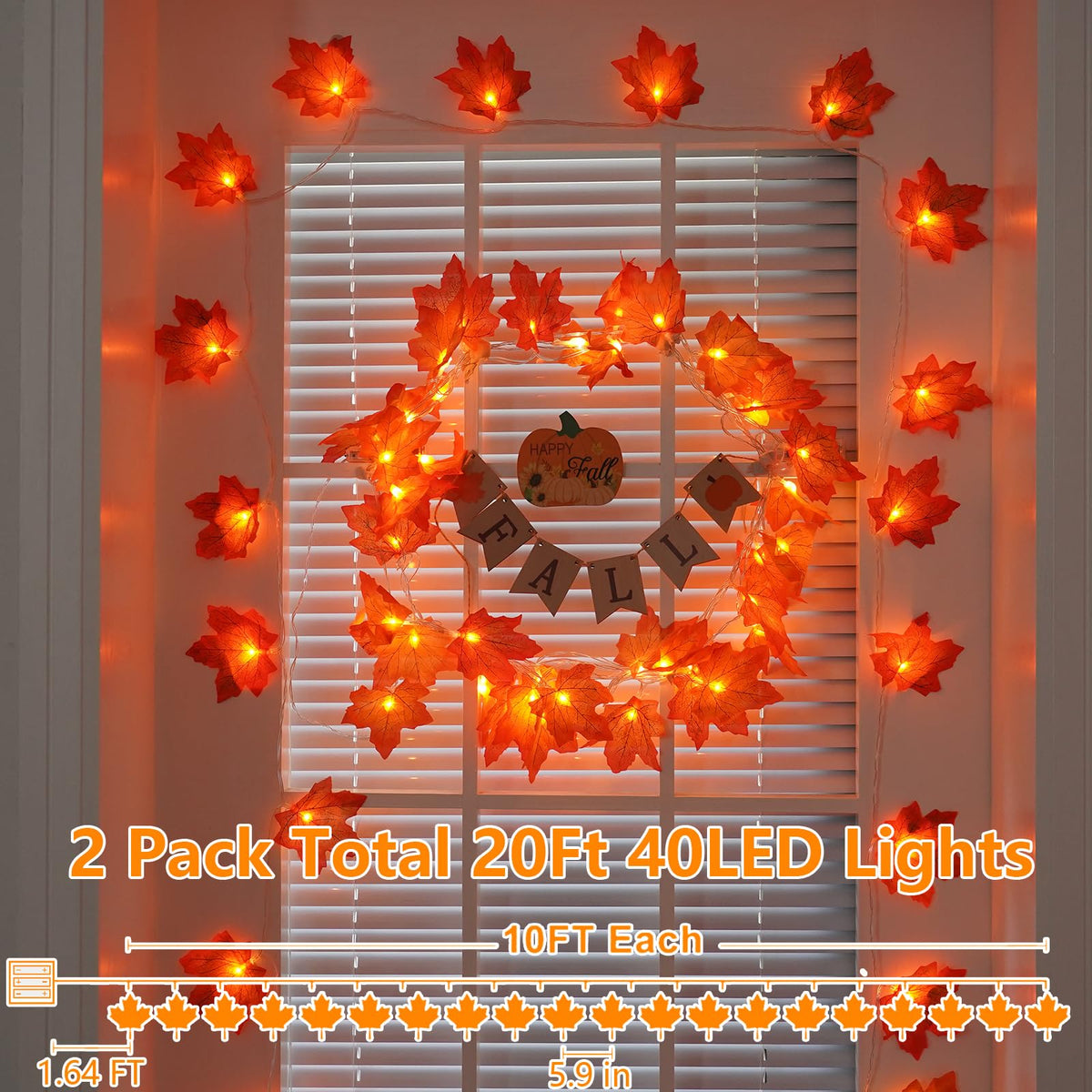 YEGUO 2 Packs Fall Lights Battery Operated, Total 20ft 40 LED Lighted Fall Garland Maple Leaves for Holiday Autumn Harvest Fall Thanksgiving Halloween Decor