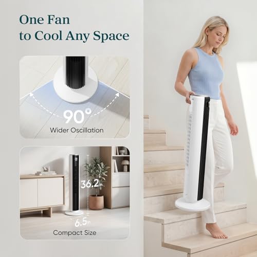 Levoit Tower Fan for Bedroom, 28ft/s Fans that Blow Cold Air, 28dB Quiet | Standing Floor Fan for Room, 90° Oscillating, 5 Speeds 4 Modes & Temp Sensor, Bladeless, 12H Timer, Remote, 36 inch, White
