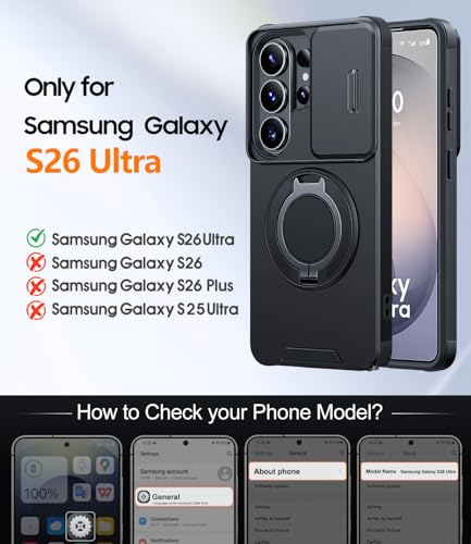 JAME for Samsung Galaxy S26 Ultra Case with Ring Stand & Slide Camera Cover | Ring Holder Kickstand, Screen Protectors, Dual-Layer Shockproof Protective, Magnetic Accessory Friendly Phone Case, Black
